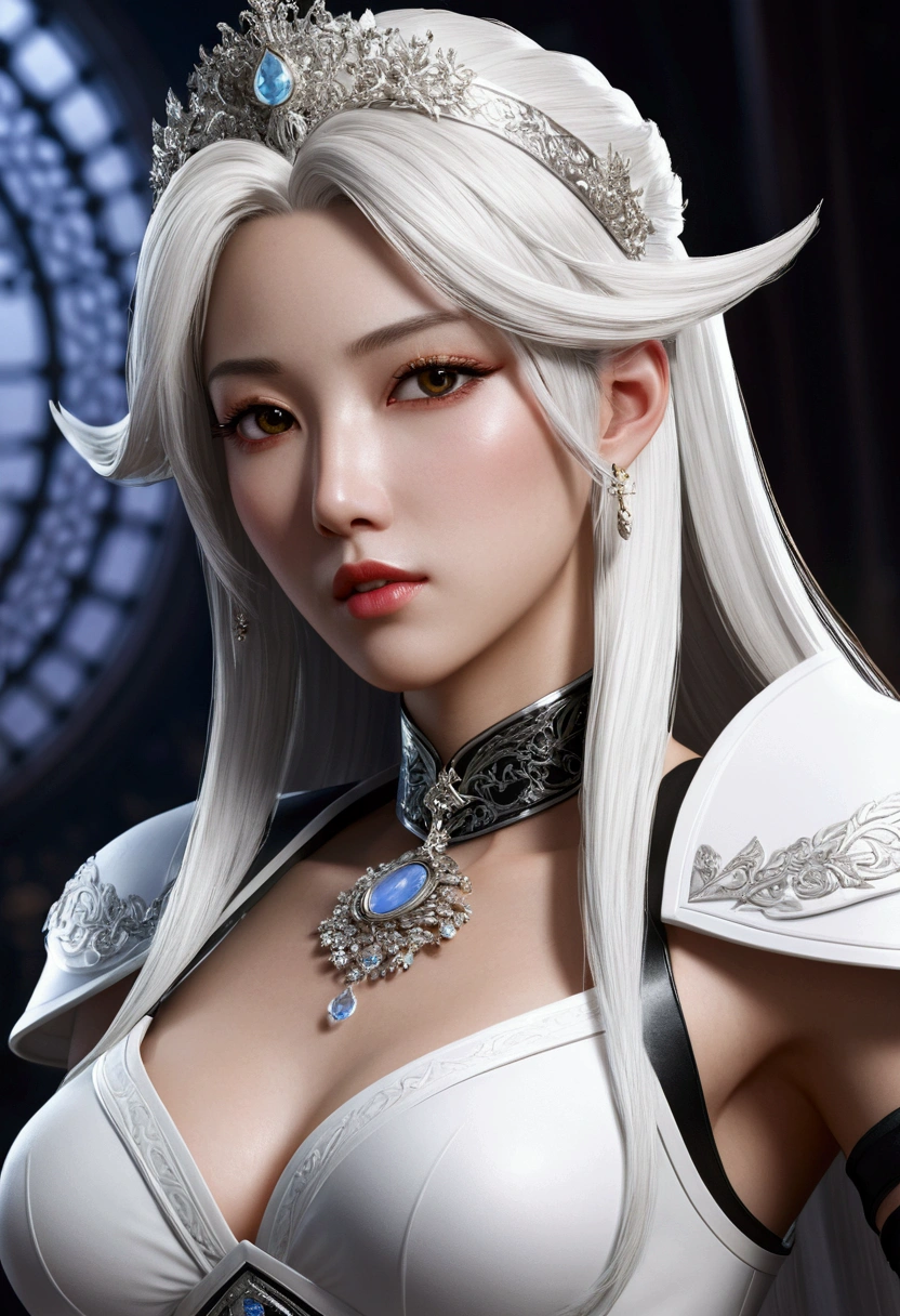 (Best Quality, Highres:1.2)
Portrait of a captivating lady embodying the essence of a glamorous Tifa Lockhart, reimagined with glistening white hair. Her alluring eyes, adorned with intricate details, radiate an enchanting and seductive expression that captivates the viewer. The image is conceptualized as a concept art piece by the skilled artist, Yang J, from Pixiv, showcasing fantasy art elements. The empress-like portrait, inspired by a Xianxia figure, presents an elegant pose and regal posture, characterized by a full-body figure in a flowing, glossy white