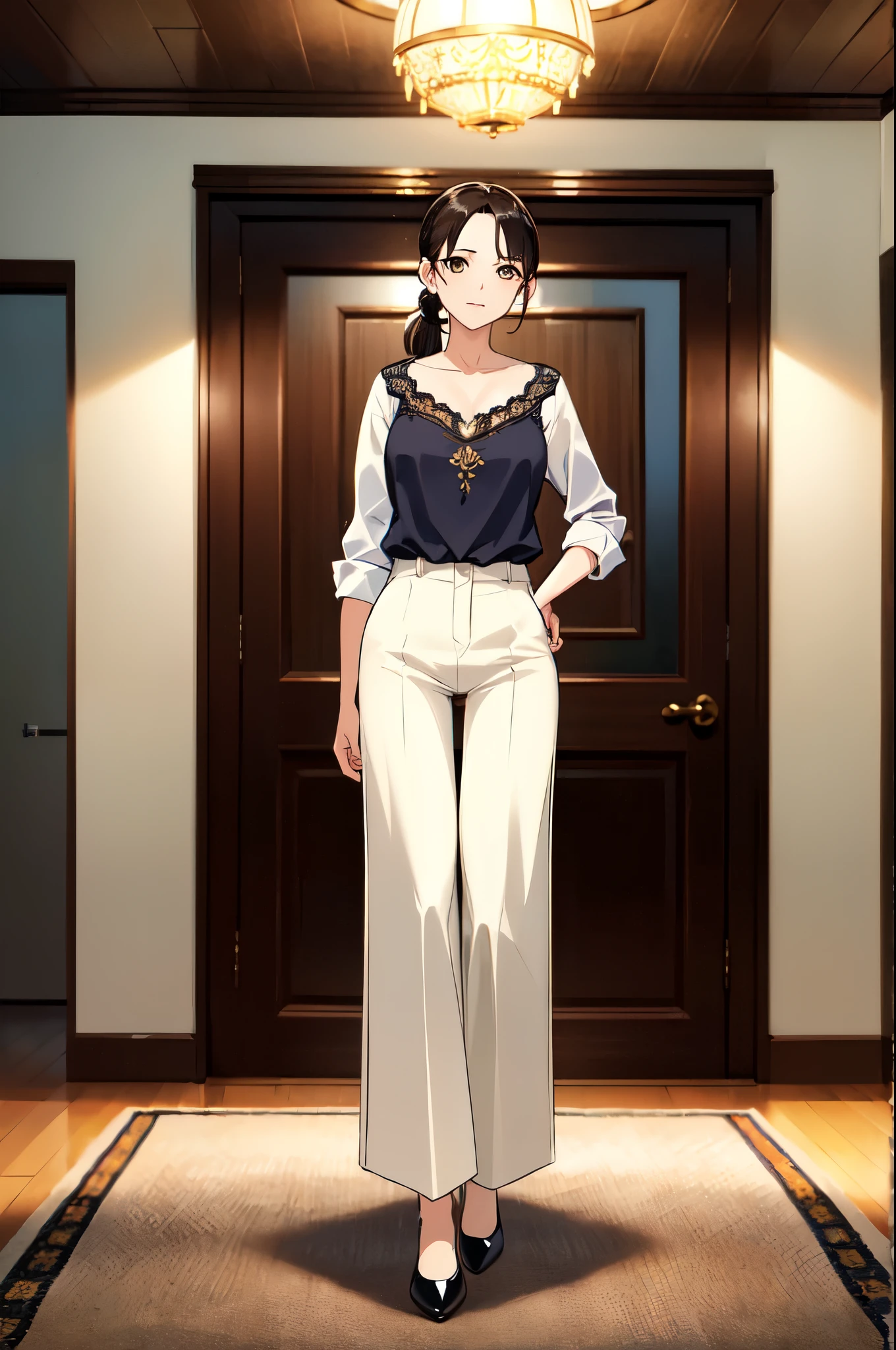masterpiece, 32k, extremely detailed, finely detail, intricate details,
BREAK
(absurdres:1.1, highres:1.1, ultra detailed:1.1),
insanely detailed, absurdres,
(high resolution:1.1, ray tracing:1.1, refraction:1.1)
(1 female, 独奏:1.3),
BREAK
perfect symmetrical face, pony tail, (((Casual wear))), (((Wide-leg trousers)))
BREAK
(((full body))), standing,
BREAK