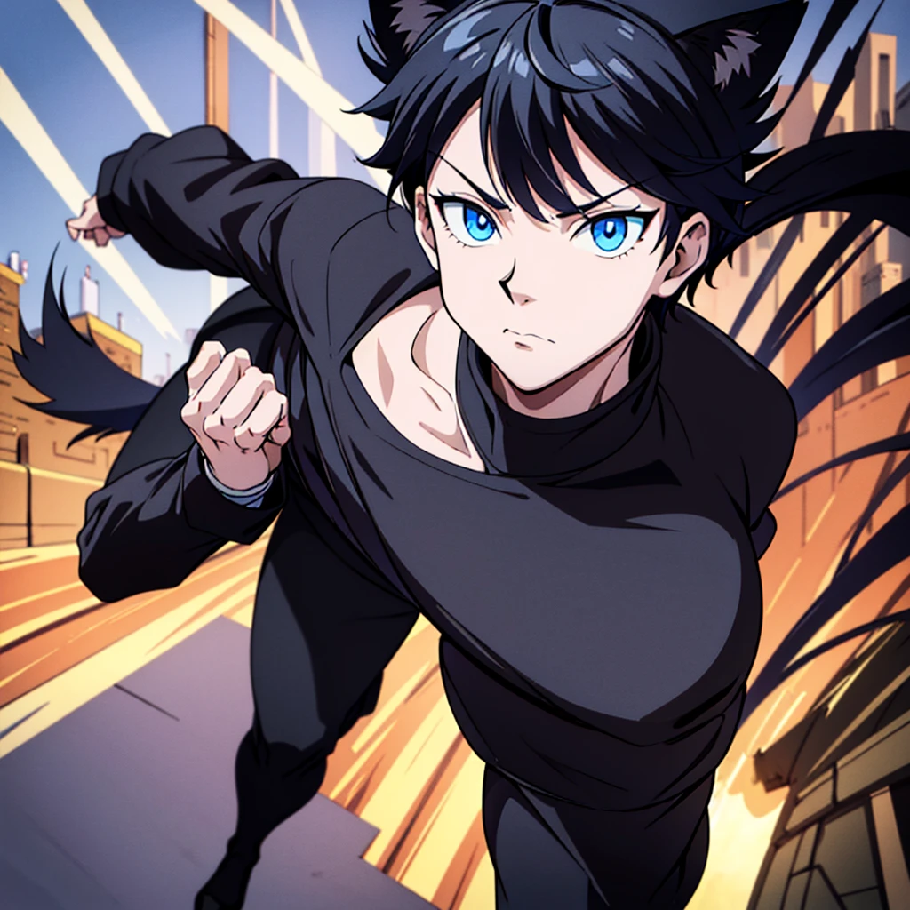 1cat boy, anime cat boy with black cat ears black hair and black pants and a black jacket, blue eyes, city, absurdres, high res, ultrasharp, 8K, masterpiece, looking at viewe