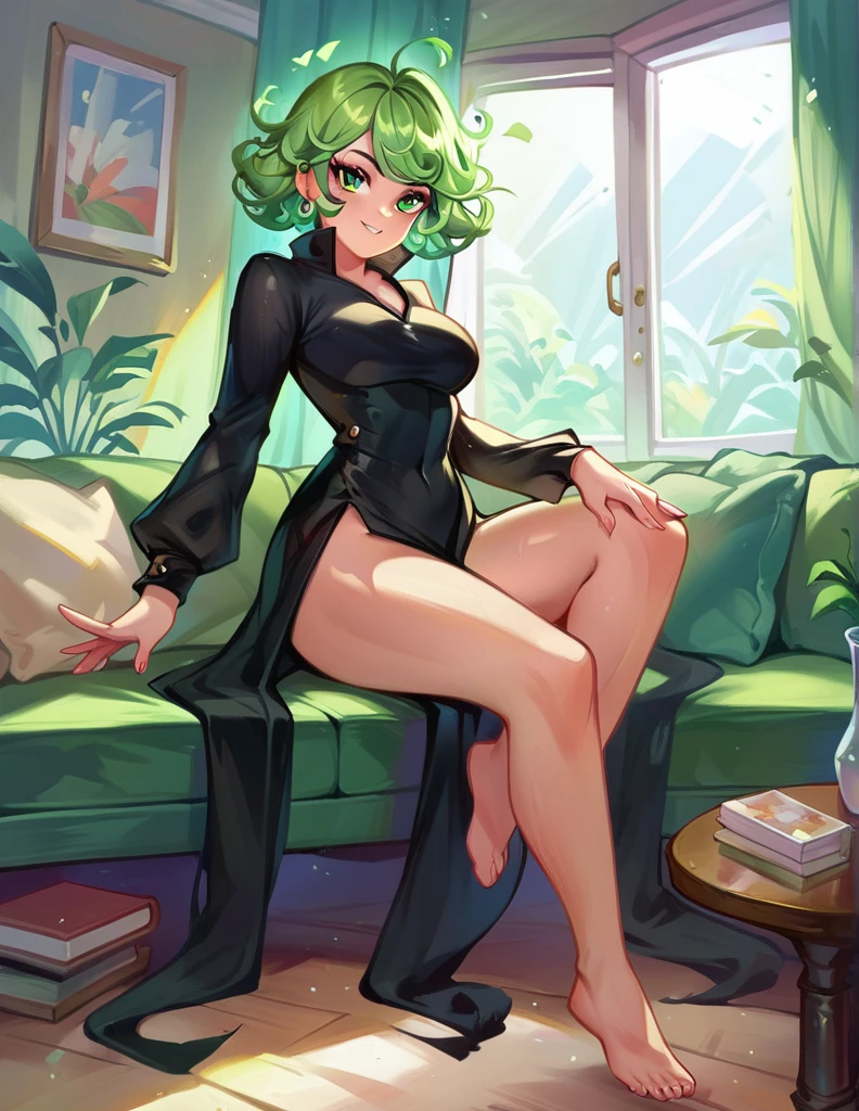 A picture of a young woman, big breast, light smile, full portrait, floating in the air over a couch in a living room with a green aura, black dress