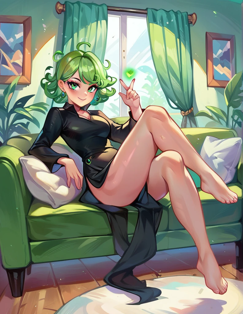 A picture of a young woman, big breast, light smile, full portrait, floating in the air over a couch in a living room with a green aura, black dress