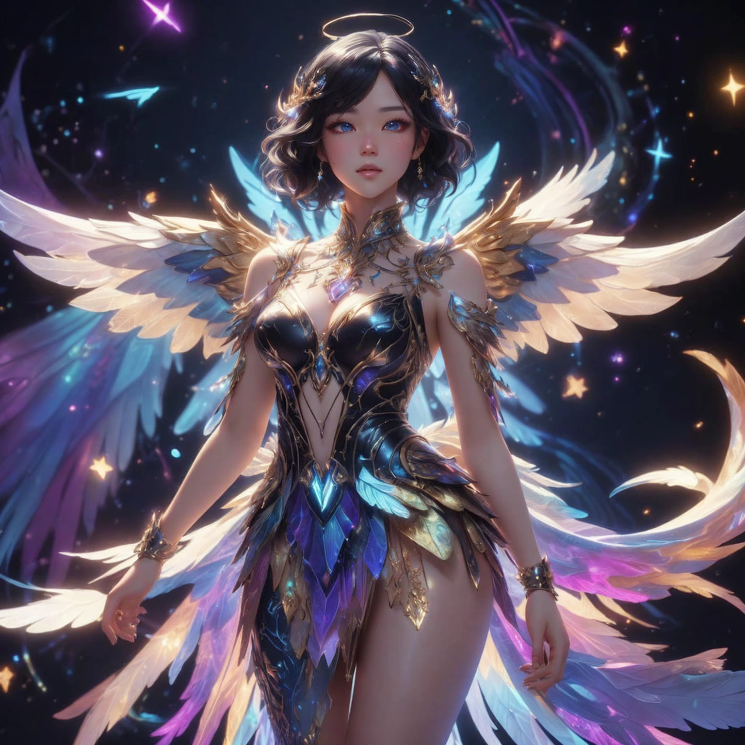 A woman with wings and a body full of gold, Fantasy art style, By Yang J, Ethereal wings, High quality 8K detailed artwork., Like a mysterious Valkyrie, digital fantasy art ), angel on the star, Intricate, elegant cgi anime style., Ethereal fantasy, 2. 5d cgi anime fantasy artwork, Ross Tran 8 g, fantasy anime illustration, Ross Tran and WLOP , blue eyes