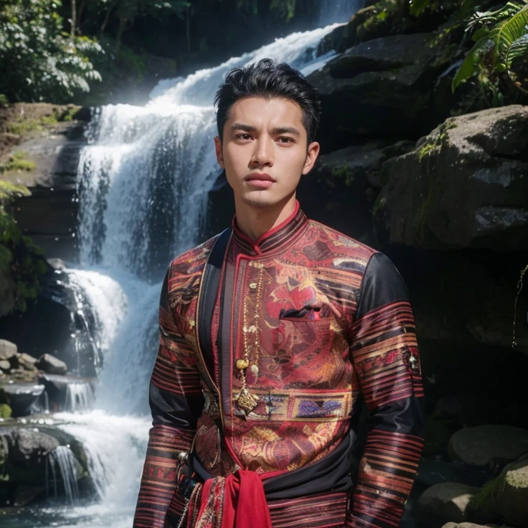Haraf man, a Southeast Asian man with a round face., Mohawk hair, The face is bright and shiny., Double eyelids, Big eyes, black eyes, has exceptionally black hair, pitch black, In the background is a large waterfall., The evening sun shines beautifully., David Marquez, Andrew Gonzalez, A thin man with light tan skin., inspired By Robbie Trevino, Headshot profile picture, inspired By Adam Dario Kiel, Christian Orrillo, Daniel Mirante, By Adam Dario Kiel, By Robbie Trevino, Rick Dai, Joel Torres, with mountains as the background
