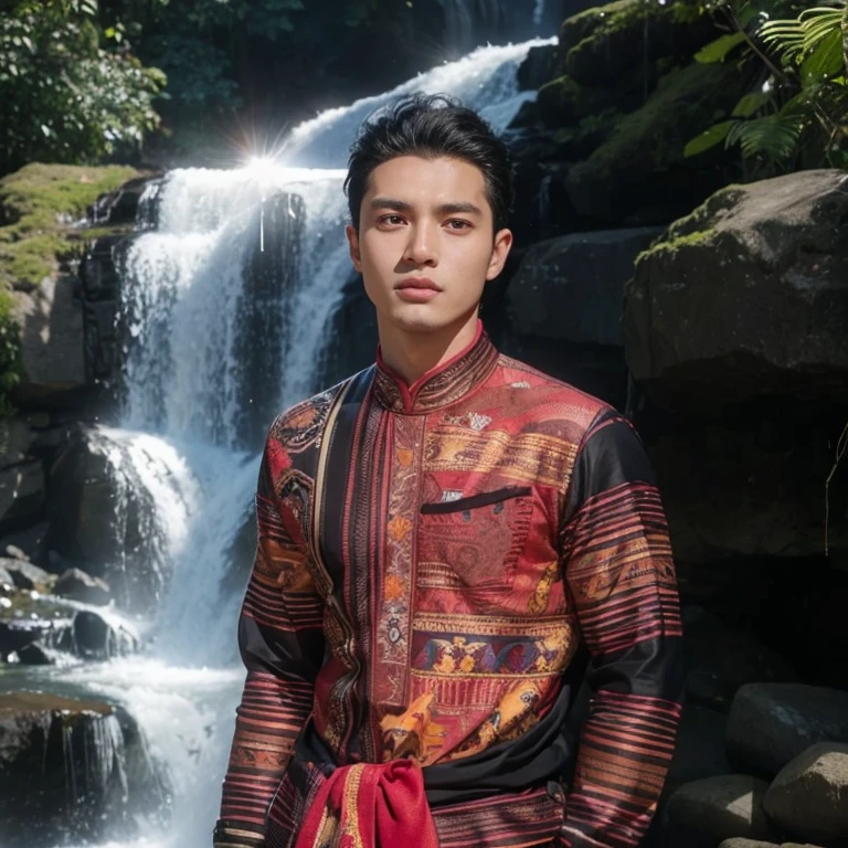 Haraf man, a Southeast Asian man with a round face., Mohawk hair, The face is bright and shiny., Double eyelids, Big eyes, black eyes, has exceptionally black hair, pitch black, In the background is a large waterfall., The evening sun shines beautifully.,  David Marquez, Andrew Gonzalez, A thin man with light tan skin., inspired By Robbie Trevino, Headshot profile picture, inspired By Adam Dario Kiel, Christian Orrillo, Daniel Mirante, By Adam Dario Kiel, By Robbie Trevino, Rick Dai, Joel Torres, with mountains as the background