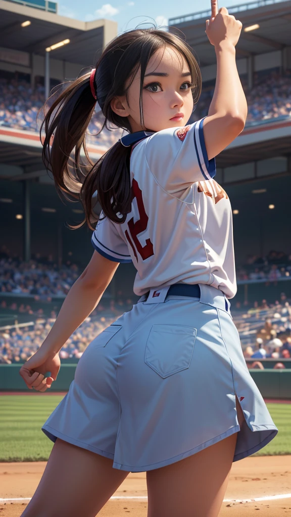 Highest quality、High resolution、Detailed Background、Beautiful Face、High detail、(Perfect Anatomy, Perfect Style)、(Detailed facial expressions)、(fine grain:1.2)、((One Girl))、Young college student、 (open stance:1.2), (shoot from behind:1.2), ((looking away:1.2)), Stand in the batter's box, Pointing at the stands with a bat, preview home run、During a baseball game on the ground、