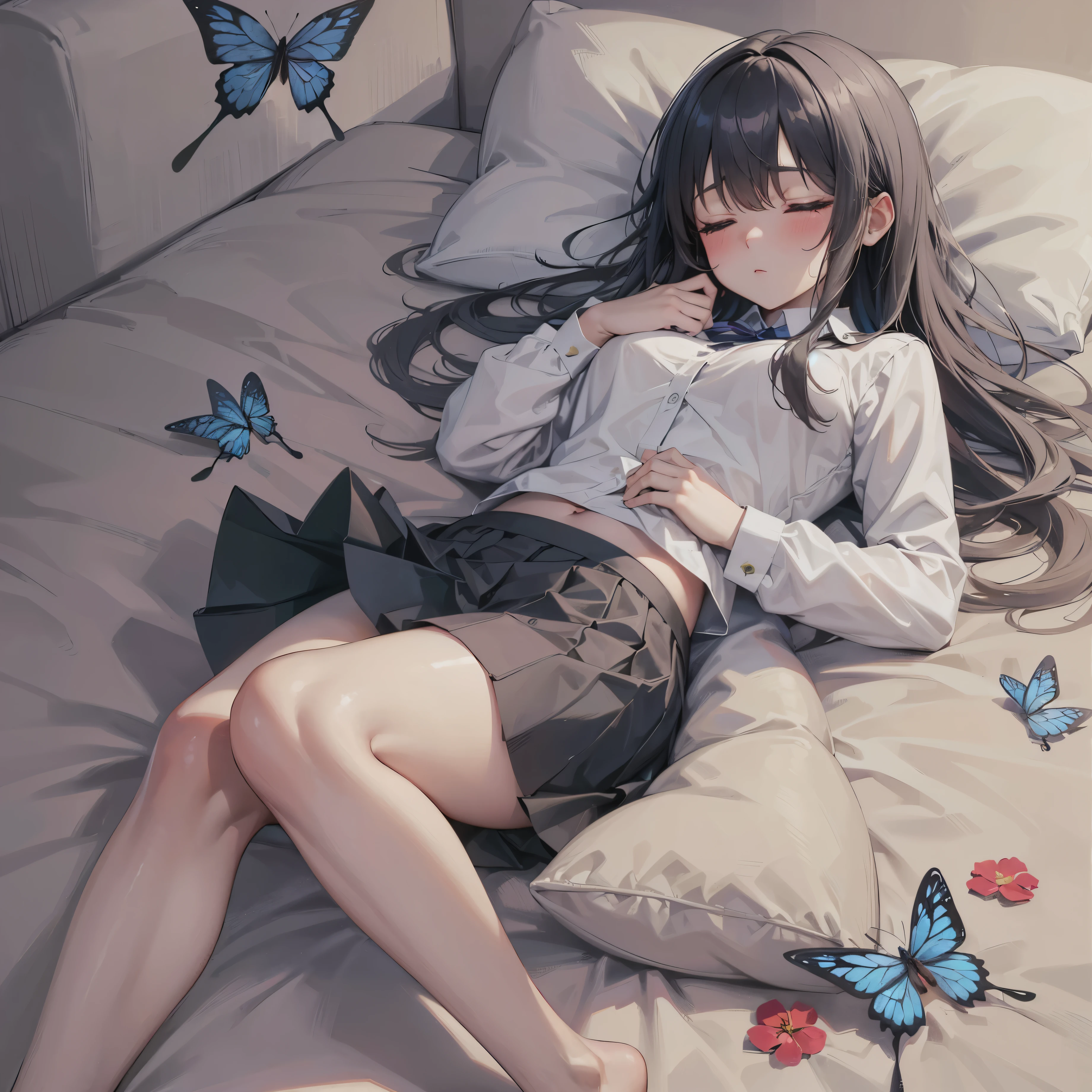 a cute girl sleeping on bed, long hair, ((wearing a skirt)), blushed and sleepy face, UHD, masterpiece, anatomically correct, textured skin, super detail, high quality, best quality, highres, 8k, pillow, flowers. particals,butterfly.