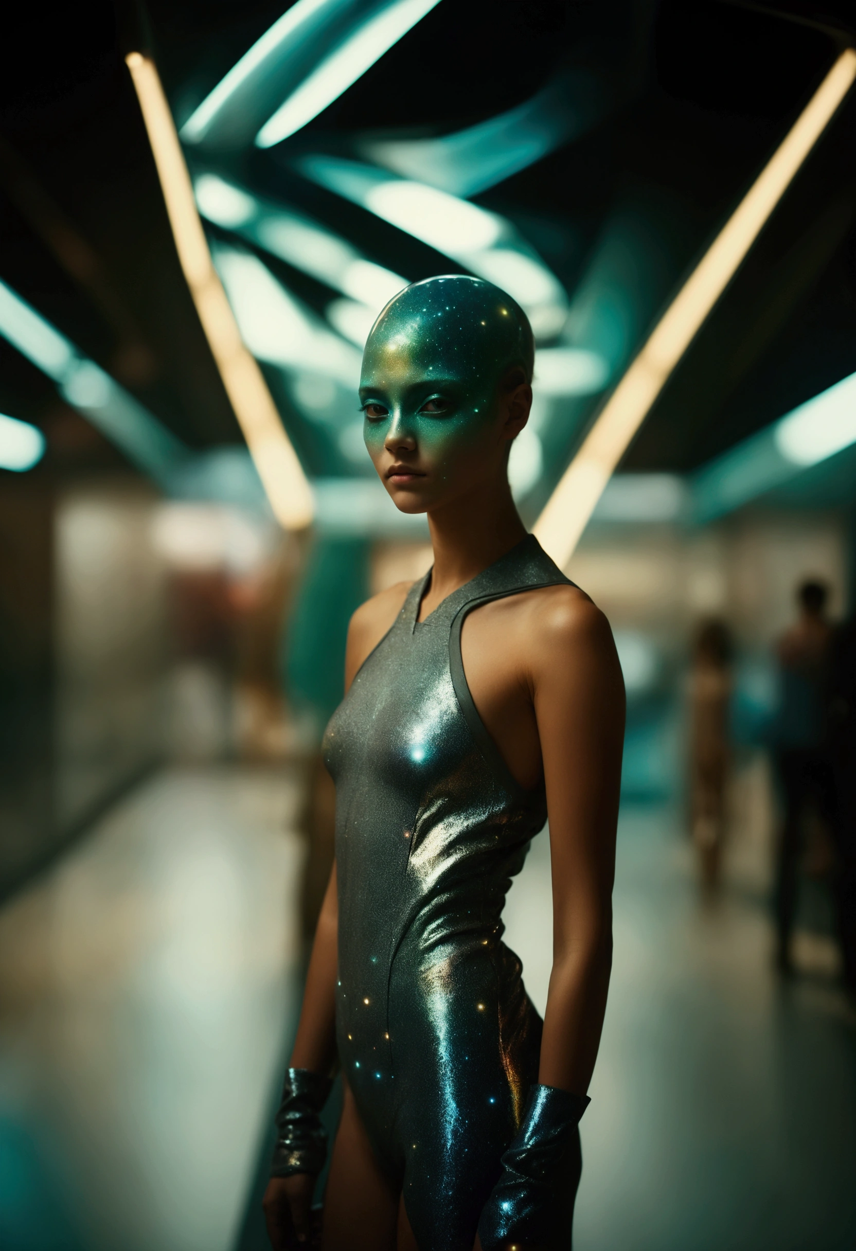film by Kodak porta,Full body photo of a human  woman blend melding into a beautiful alien from the far reaches of the galaxy, wearing futuristic avant-garde v - neck outfit open, award-winning photo, Canon 5D photo, 85mm lens, Nikon Camera