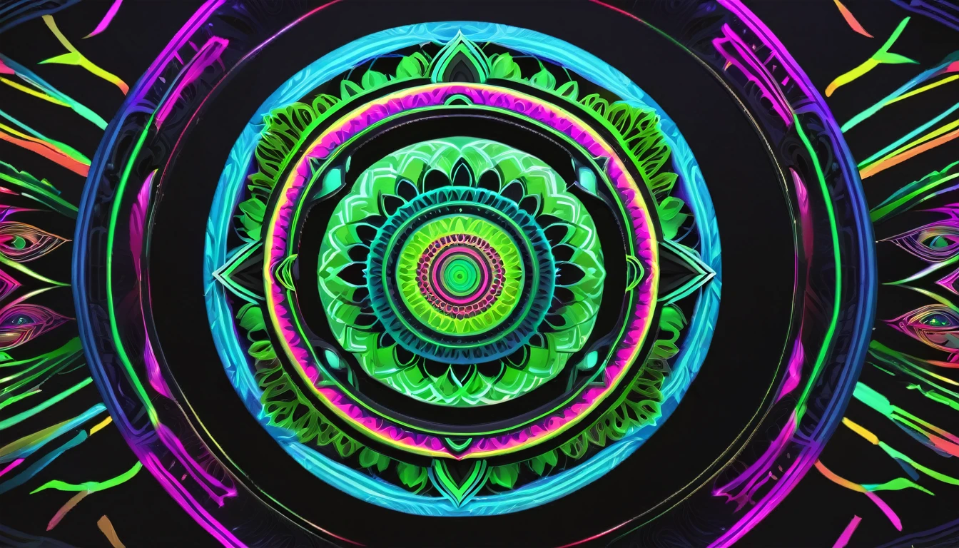 mandala. It was. Symbols of nature. neon colors. black backdrop