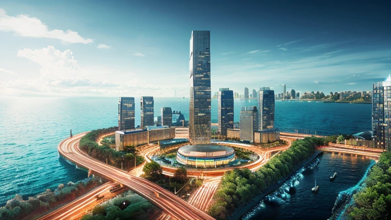 Hyper-realistic digital painting of a futuristic underwater metropolis. Skyscrapers made of glass and bioluminescent materials rise from the ocean floor, connected by transparent tunnels through which people and vehicles travel. Schools of colorful fish and majestic sea creatures swim among the buildings. The city is bathed in a soft, blue light filtering through the water, with vibrant coral reefs and seaweed gardens integrated into the urban landscape. Cinematic composition, trending on ArtStation.