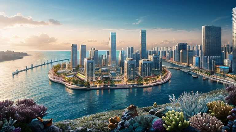 Hyper-realistic digital painting of a futuristic underwater metropolis. Skyscrapers made of glass and bioluminescent materials rise from the ocean floor, connected by transparent tunnels through which people and vehicles travel. Schools of colorful fish and majestic sea creatures swim among the buildings. The city is bathed in a soft, blue light filtering through the water, with vibrant coral reefs and seaweed gardens integrated into the urban landscape. Cinematic composition, trending on ArtStation.