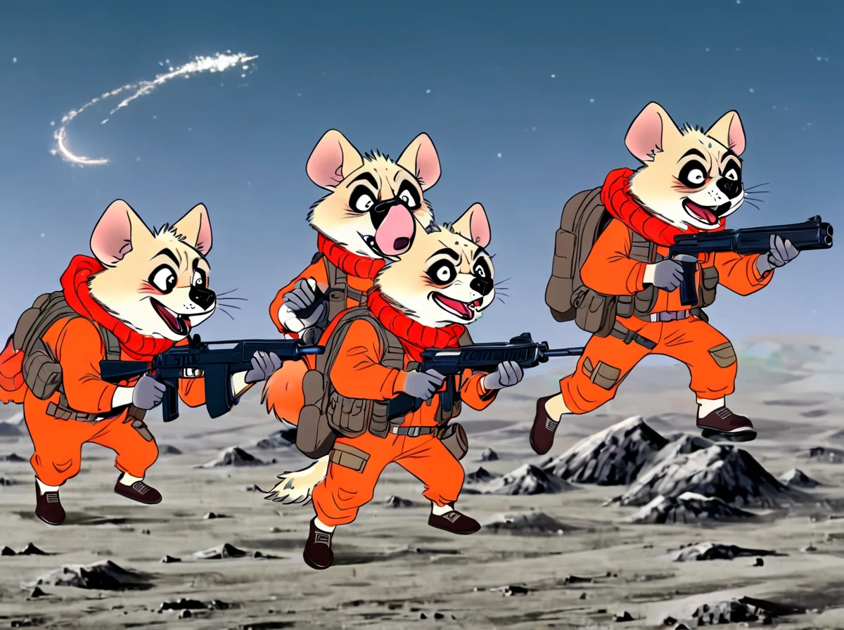 White Hyena, two Circle Eye, small black Pupil, pug mouth, Black beanie, red headwear, Orange scarf, red scarf, Orange Tracksuit, angry and frown, holding Uzi Gun, desert to sky to Sparkle on Space