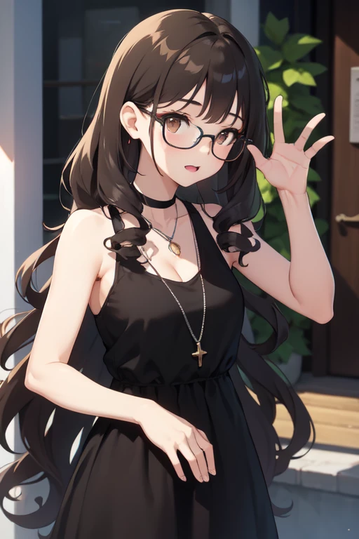 Dark brown eyed girl with long curly brown hair, with black glasses, with a black dress and with 2 silver necklaces