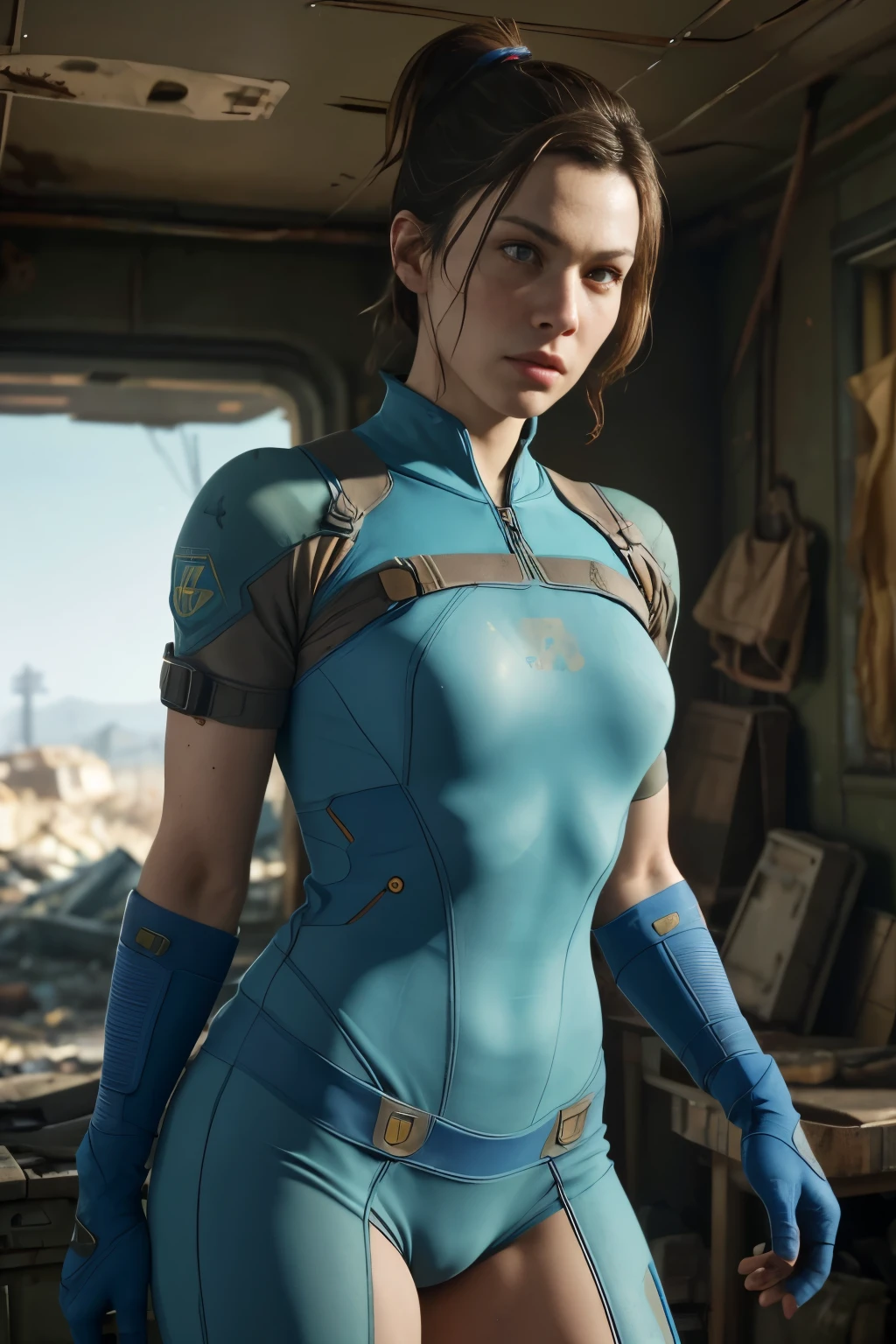A cute and nerdy woman, (Milla Jovovich:Alison Brie:0.5), brunette hair tied in a ponytail, wearing an open high detail blue Fallout 4 vault suit, high detail face, high detail skin, seductive expression, perfect body, perfect proportions, an overgrown city long ruined by nuclear war in the background, high quality, masterpiece, realistic photo, intricately detailed, 8k, HDR, shallow depth of field, wide light, high contrast, backlight, sharp focus, RAW color photo, looking at the camera, cool colors, dynamic poses, in the style of Fallout 4, nude