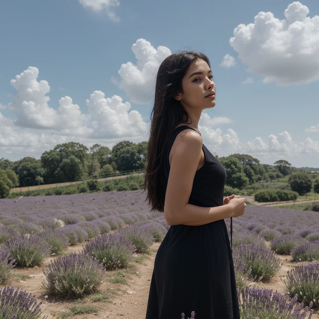 A brazilian woman with long "black hair" is standing in a lavender field. She is wearing a sleeveless black dress .The sky above is overcast, and the lavender flowers are in bloom around her.