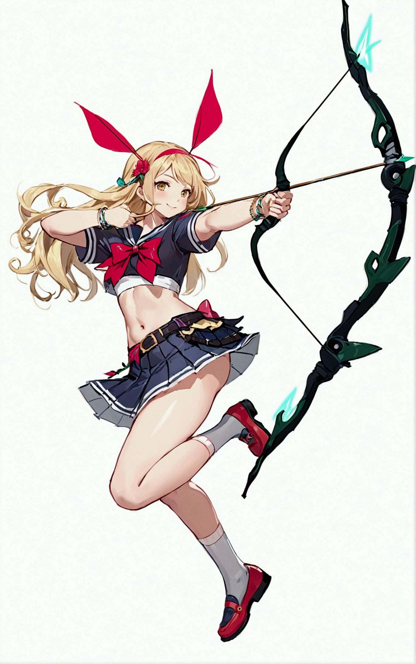 (((He arches his back like a shrimp and shoots an arrow.))),One girl, alone, Long Hair, chest, smile, skirt, Blonde, Simple Background, White Background, bow, belly button, Holding, Yellow Eyes, whole body, arms, Short sleeve, pleated skirt, Red flower hair ornament, shoes, shoes下, abdomen, belt, miniskirt, bowtie, Sailor collar, Stomach, Holding arms, bracelet, Crop top, Outstretched arms, white shoes下, bow \(arms\), Arrow \(Projectile\), loose shoes下, Holding bow \(arms\), aim, Holding Arrow, drawing bow