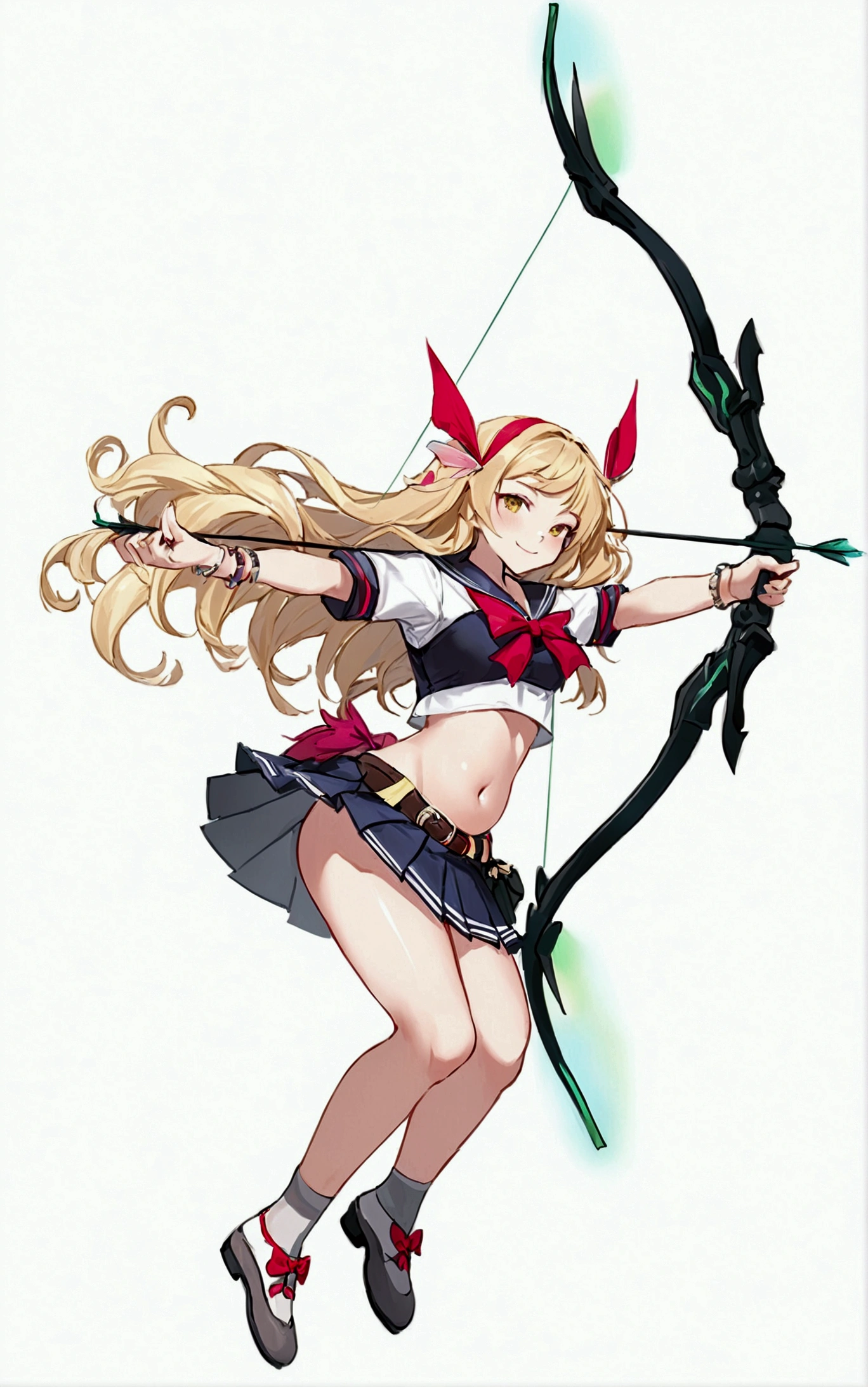 (((He arches his back like a shrimp and shoots an arrow.))),One girl, alone, Long Hair, chest, smile, skirt, Blonde, Simple Background, White Background, bow, belly button, Holding, Yellow Eyes, whole body, arms, Short sleeve, pleated skirt, Red flower hair ornament, shoes, shoes下, abdomen, belt, miniskirt, bowtie, Sailor collar, Stomach, Holding arms, bracelet, Crop top, Outstretched arms, white shoes下, bow \(arms\), Arrow \(Projectile\), loose shoes下, Holding bow \(arms\), aim, Holding Arrow, drawing bow