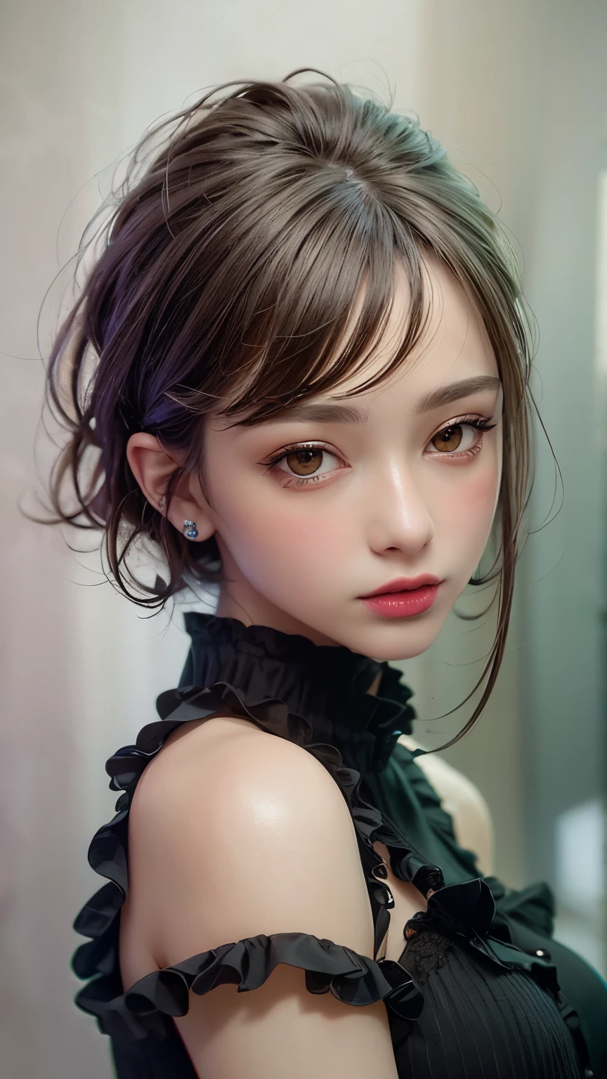 Masterpiece hyperrealist & Photorealistic beautiful girl, Realistic Skin (Pore-filled skin) Short Bob Cut Hair, Realistic red lips,Punk Girl, (head shot:1.5),Shorts