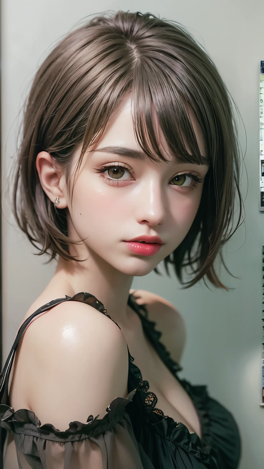 Masterpiece hyperrealist & Photorealistic beautiful girl, Realistic Skin (Pore-filled skin) Short Bob Cut Hair, Realistic red lips,Punk Girl, (head shot:1.5),Shorts