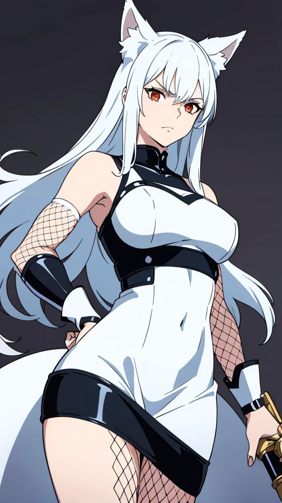 1girl ,solo,20s,mature female,serious face,white hair,long hair,fox ears,(simple background),white latex dress, arm guards, fishnets