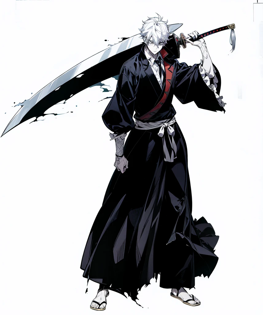In Yusuke Murata style, rainbow hair, Hold the pose, but draw with flat colors, cel shading, limited color palette and simplified lighting. Draw for me, um shinigami, with a sword, He wears a white mask with a drawing of a grim reaper, in the middle of his chest there is a hole, your skin is white your clothes are old and torn.