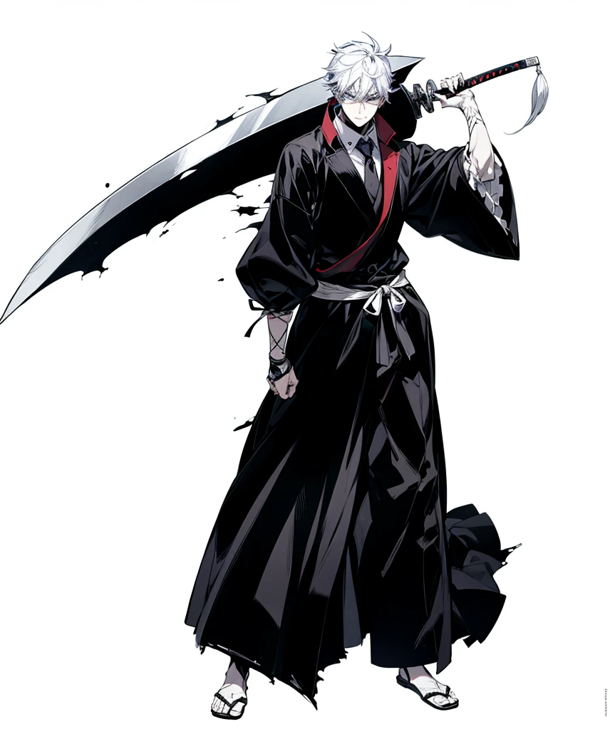 In Yusuke Murata style, rainbow hair, Hold the pose, but draw with flat colors, cel shading, limited color palette and simplified lighting. Draw for me, um shinigami, with a sword, He wears a white mask with a drawing of a grim reaper, in the middle of his chest there is a hole, your skin is white your clothes are old and torn.