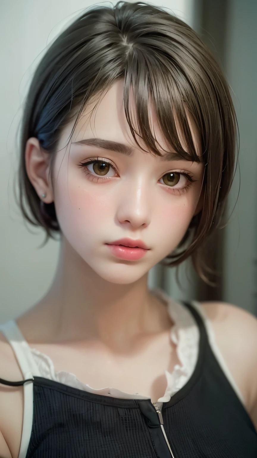Masterpiece hyperrealist & Photorealistic beautiful girl, Realistic Skin (Pore-filled skin) Short Bob Cut Hair, Realistic red lips,Punk Girl, (head shot:1.5),Shorts