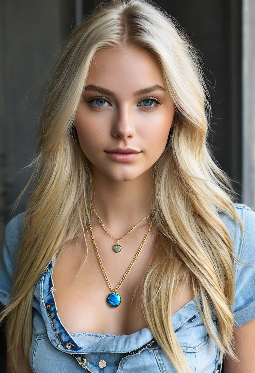 iphone pro 14, extremely beautiful model, 20-year-old woman, Scandinavian, long blonde hair, realisitic, perky breasts, neckleace, top cut, Ripped jeans, Lauren Budd