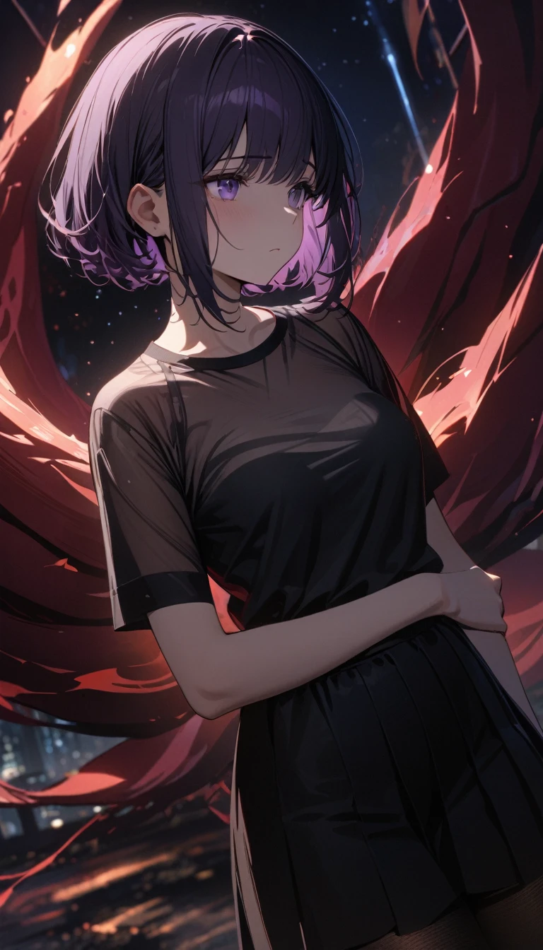 young girl, dark purple hair, purple eyes, bob hairstyle, tight black shirt, transparent shirt, black skirt, nylon tights, night, star sky, kagune, melancholy, Masterpiece, best quality, Full HD, 8k, ultra details, great graphic