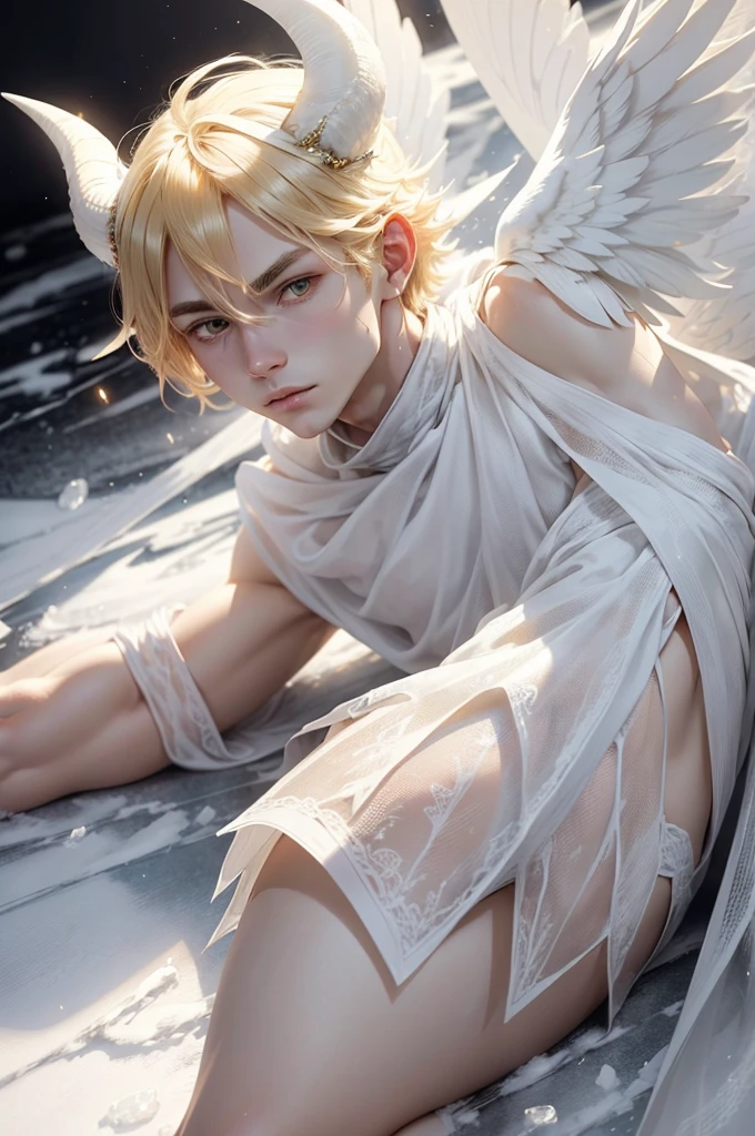 young man with round + square face, golden slanted eyes, short golden/blonde hair, ice demon, skin pale as paper, with tail and horns covered in ice, wearing a white toga, with white angel wings