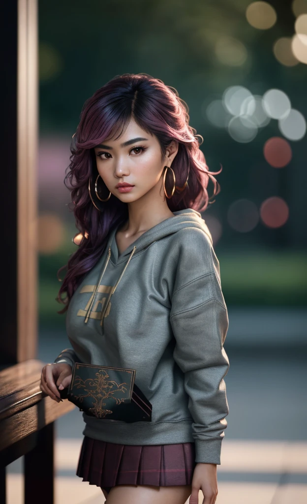 (masterpiece), (extremely intricate:1.3), (realistic), portrait of an Asian girl, small and perfect breasts, the most beautiful in the world, dark eyebrows, wavy pink hair, doe eyes, innocent look, (wearing sweatshirt:1.1), skirt, slim, detailed textures, upper body, classroom, heavy makeup, gold hoop earrings, extra breasts, professional photograph of a stunning woman detailed, looking at the camera, alluring stare, detailed eyes, sharp focus, dramatic, award winning, cinematic lighting, octane render  unreal engine,  volumetrics dtx, (film grain, blurry background, blurry foreground, bokeh, depth of field, motion blur:1.3)