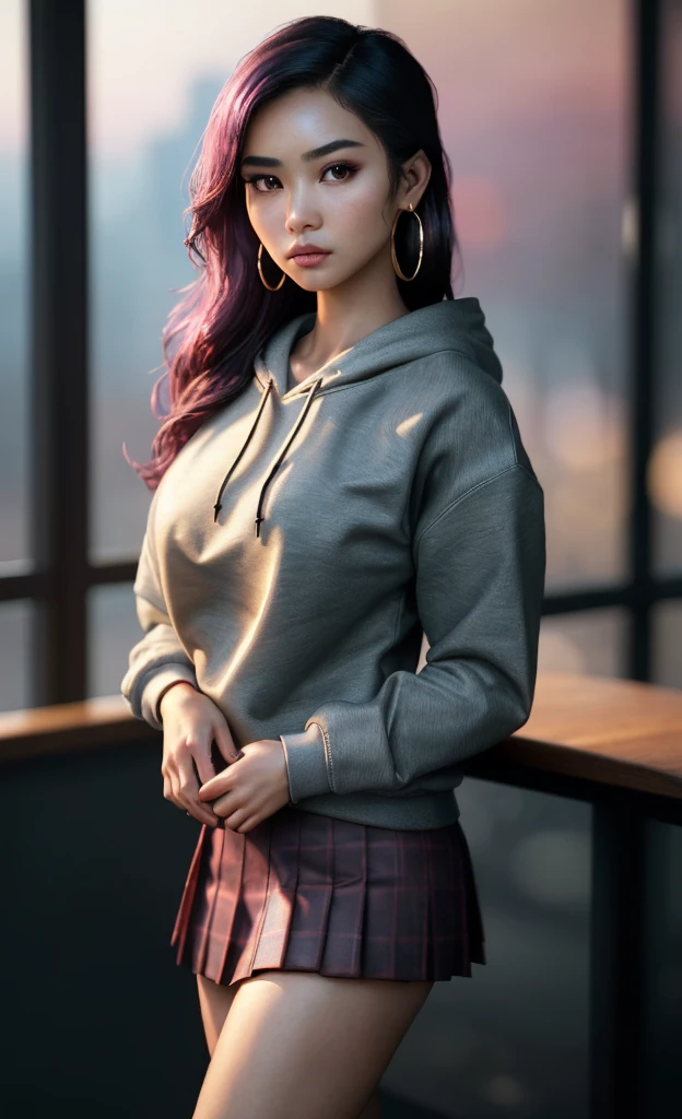 (masterpiece), (extremely intricate:1.3), (realistic), portrait of an Asian girl, small and perfect breasts, the most beautiful in the world, dark eyebrows, wavy pink hair, doe eyes, innocent look, (wearing sweatshirt:1.1), skirt, slim, detailed textures, upper body, classroom, heavy makeup, gold hoop earrings, extra breasts, professional photograph of a stunning woman detailed, looking at the camera, alluring stare, detailed eyes, sharp focus, dramatic, award winning, cinematic lighting, octane render  unreal engine,  volumetrics dtx, (film grain, blurry background, blurry foreground, bokeh, depth of field, motion blur:1.3)