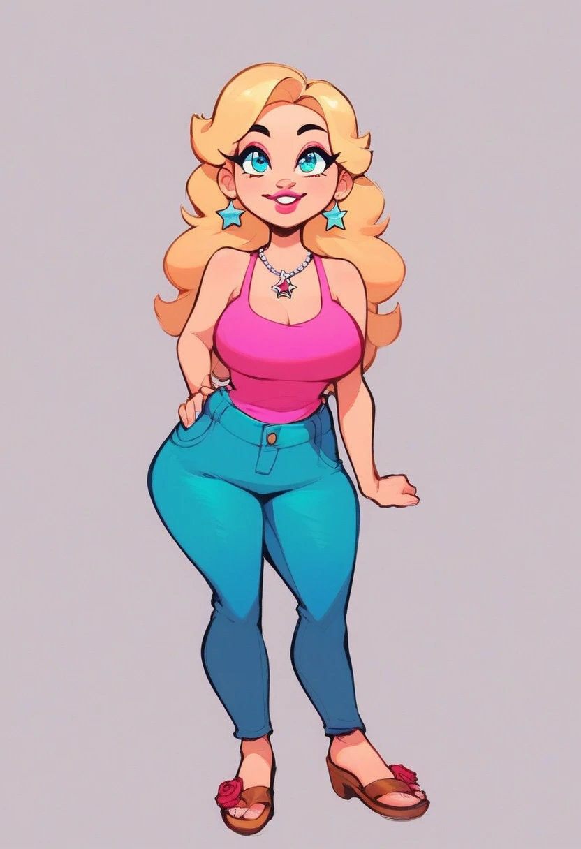 rose, 1girl, solo, long hair, smile, blonde hair, large breasts, simple background, jewelry, standing, full body, earrings, pants, cyan eyes, makeup, sandals, blue pants, cyan tank top, silver star necklace with pink circle, pink upper lip, lipstick, yellow eyelids, yellow, eyebrows, silver earrings, white and brown sandals