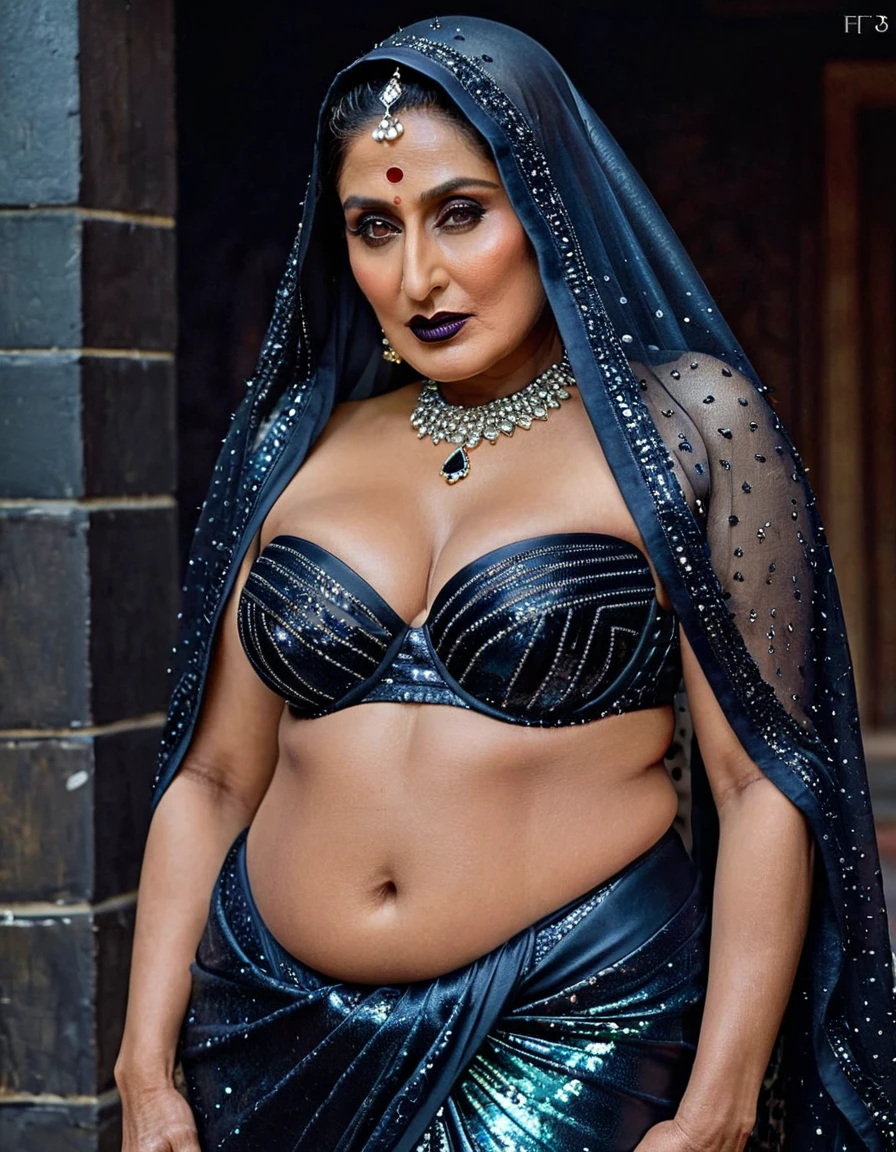 Looks like Kareena Kapoor khan, Big chubby aunty, milf, cougar lady witch, horny Gothic milf,  70 years old gorgeous mature lady, pervert demoness, demoness of lust, curvy, black lips, horny face, extremely gorgeous, thick figure, heavy physique, voluptuous, curvy, sexy figure, Fashionable portrait of androgynous alien looking witch wearing veil, glowing eyes, futuristic design, minimal details, givenchy, photoreal, 200mm, hd, f/ 2.0, highly detailed, surreal, sexy beautiful evil woman, sexy bold sequin Saree with strapless Bra, chudail, Pishachini, horror genre, blood-thirsty enchantress, powerful female spirit, eerie, drop dead, in the style of red and blue, (intricate details, hyperdetailed:1.15) (skin texture:1.2), dark Moody tone, cinematic lighting, haunted place in background, 
