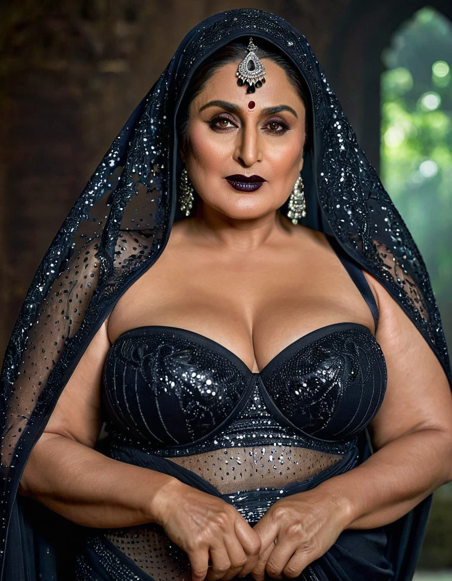 Looks like Kareena Kapoor khan, Big chubby aunty, milf, cougar lady witch, horny Gothic milf, 70 years old gorgeous mature lady, pervert demoness, demoness of lust, curvy, black lips, horny face, extremely gorgeous, thick figure, heavy physique, voluptuous, curvy, sexy figure, Fashionable portrait of androgynous alien looking witch wearing veil, glowing eyes, futuristic design, minimal details, givenchy, photoreal, 200mm, hd, f/ 2.0, highly detailed, surreal, sexy beautiful evil woman, sexy bold sequin Saree with strapless Bra, chudail, Pishachini, horror genre, blood-thirsty enchantress, powerful female spirit, eerie, drop dead, in the style of red and blue, (intricate details, hyperdetailed:1.15) (skin texture:1.2), dark Moody tone, cinematic lighting, haunted place in background,