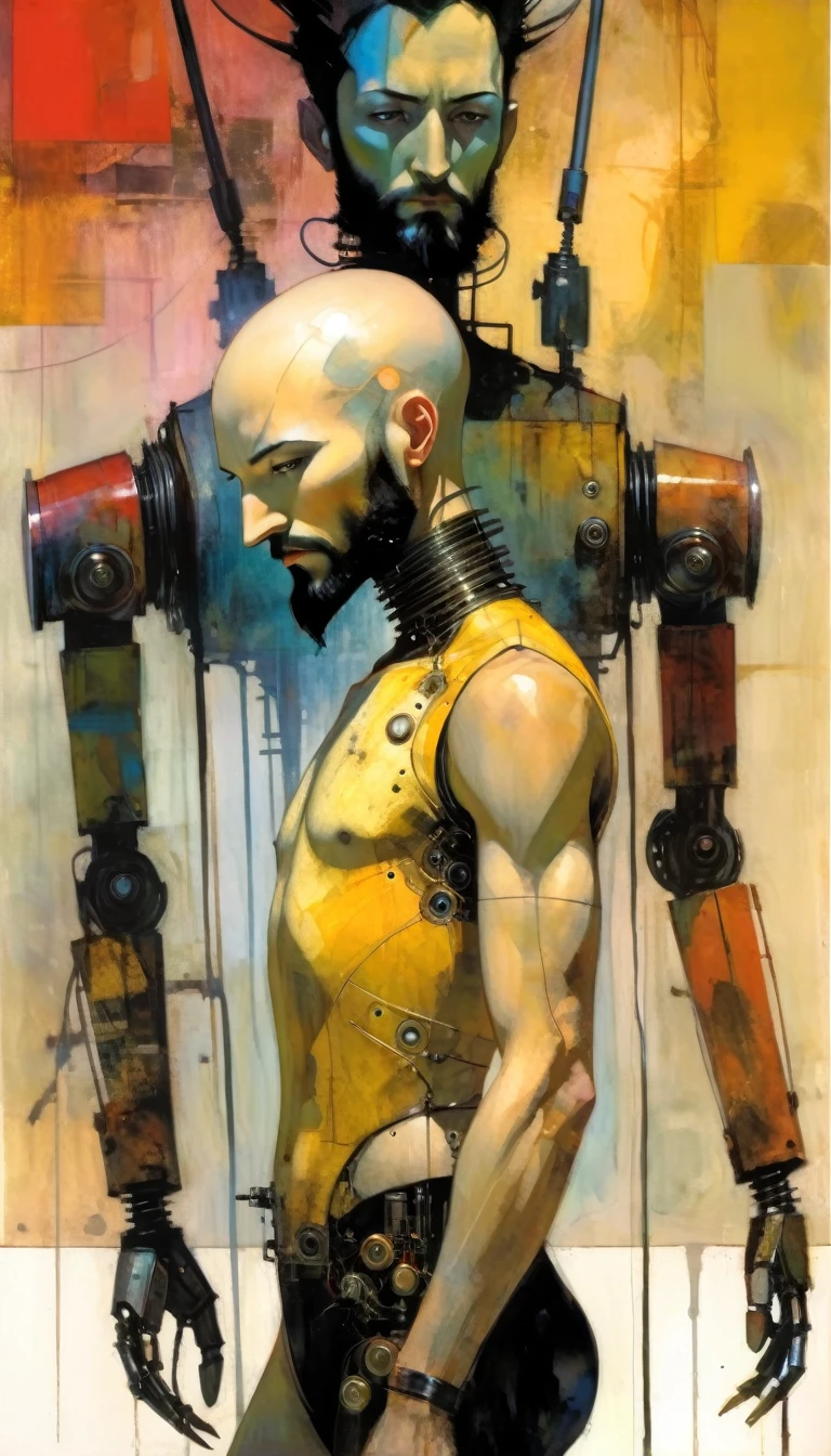 bald young man with black beard and very thin, robotic torso, robotic arms, robotic parts, plugged into machinery, recharging, (art inspired by Bill Sienkiewicz). oil painting)