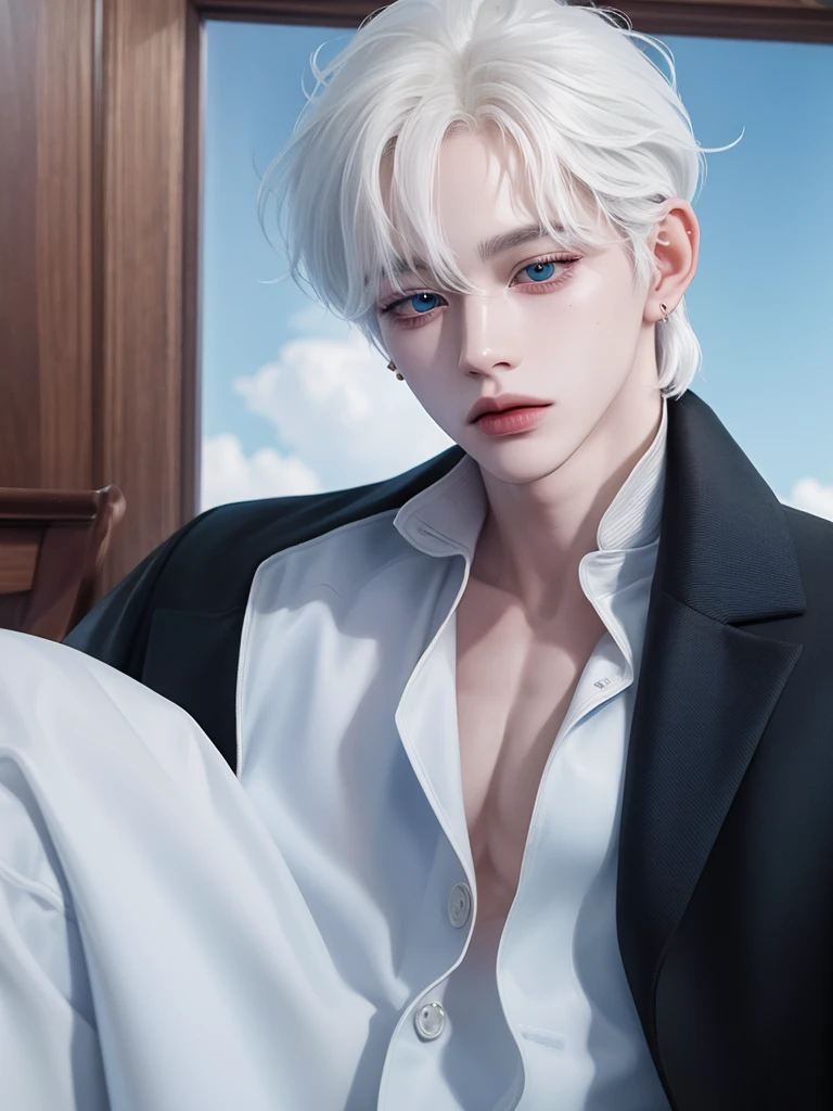 tmasterpiece, topquality, hight resolution, solo,((ulzzang)),((badboy)),sexy expression,the whole body is visible,((the whole body is it in the frame)),((male)),((coat)),(piercing),((sensuality eyes)),((gundam in the background)),(lens 70mm),((white hair)), ((saturated gojo)), (( JUJUTSU KAİSEN)), ((albino)), ((blue sky eyes)), ((Black jacket)), (( Foreground))