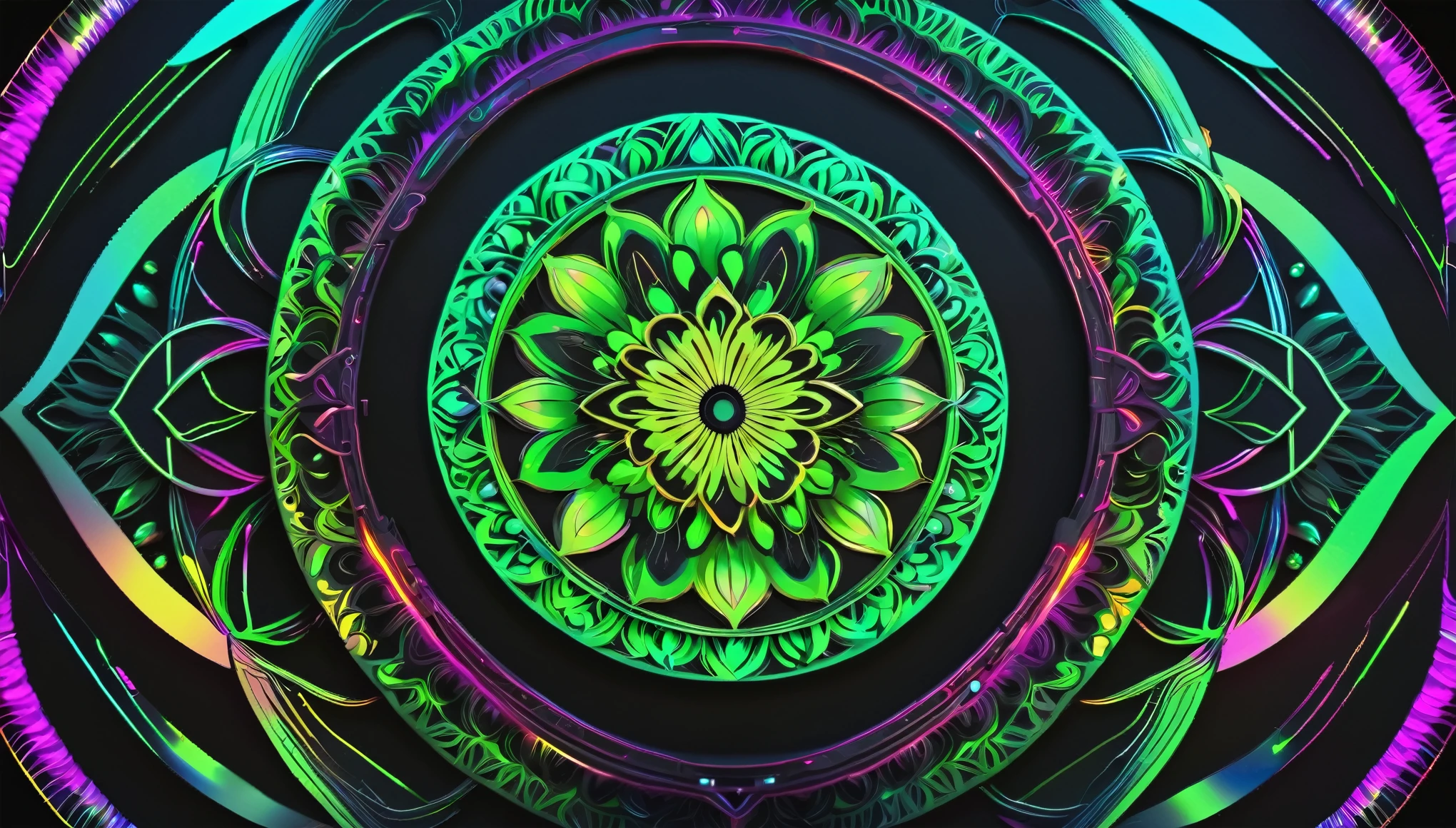 mandala. It was. Symbols of nature. neon colors. black backdrop