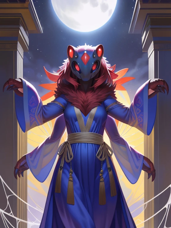 solo, anthro, furry, furry female, spider,((chitin,insectoid, smooth chitin, opaque carapace)), (white spider), black pupils, white sclera, white body, white chitin, red eye, tail, detailed fur, detailed face, detailed eyes, bare chest, (dolman sleeves dress), temple, (by null-ghost,by raccoon21, masterpiece, high quality, hi-res, 8k, hd, half-light), standing,close-view portrait, looking at viewer, night, gleeful expression, smiling, dynamic pose, Female spider, white chitin, red eyes, four eyes, multiple eyes, dolman sleeves dress, four arms, small breasts, web