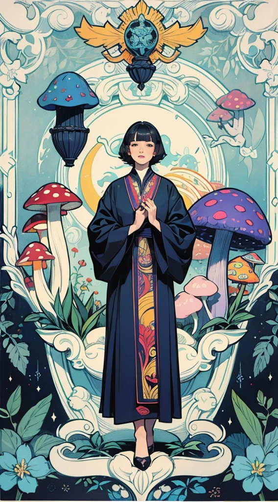 full body 1960’s jugendstil psychedelic marblng pattern fantasy artwork by Gray Morrow and darren grealish (mushrooms, botanics)