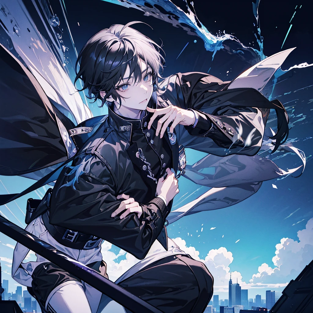 1cat boy, anime cat boy with black cat ears black hair and black pants and a black jacket, blue eyes, city, absurdres, high res, ultrasharp, 8K, masterpiece, looking at viewe