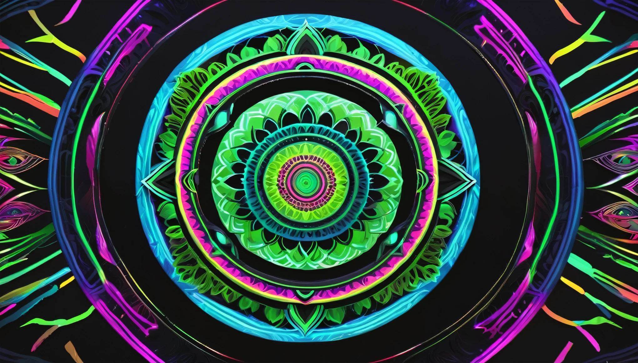 mandala. It was. Symbols of nature. neon colors. black backdrop