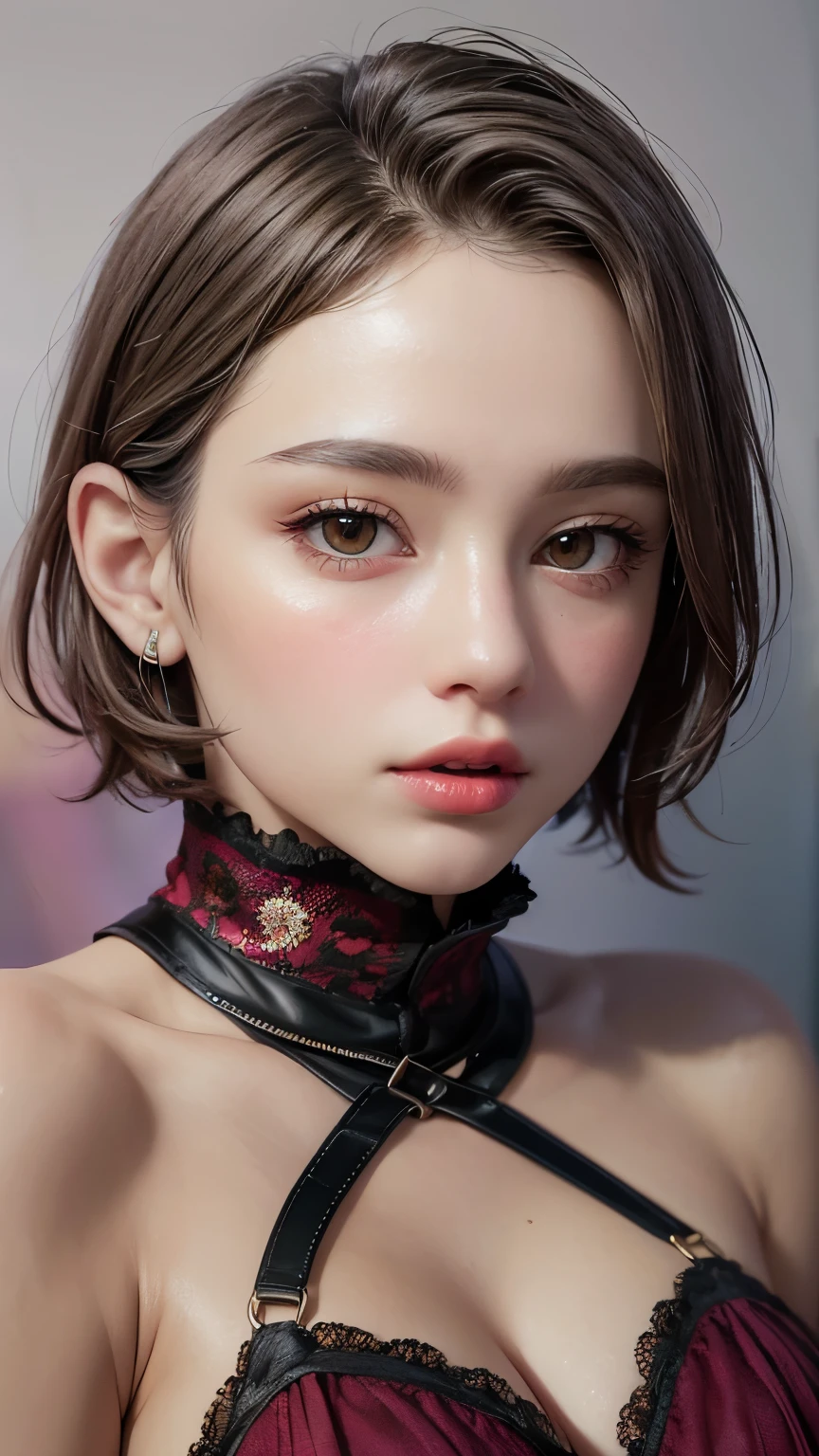 Masterpiece hyperrealist & Photorealistic beautiful girl, Realistic Skin (Pore-filled skin) Short Bob Cut Hair, Realistic red lips,Punk Girl, (head shot:1.5),Shorts