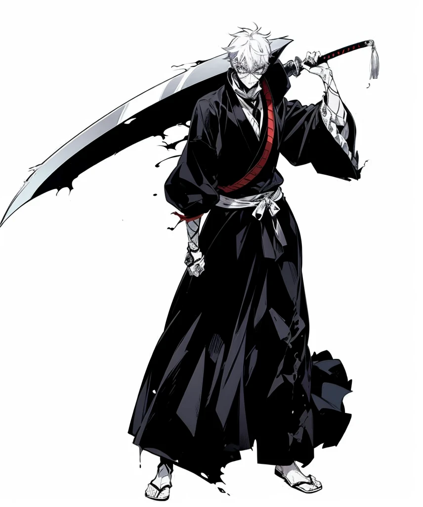 In Yusuke Murata style, rainbow hair, Hold the pose, but draw with flat colors, cel shading, limited color palette and simplified lighting. Draw for me, um shinigami, He wears a white mask with a drawing of a grim reaper, in the middle of his chest there is a hole, your skin is white your clothes are old and torn.