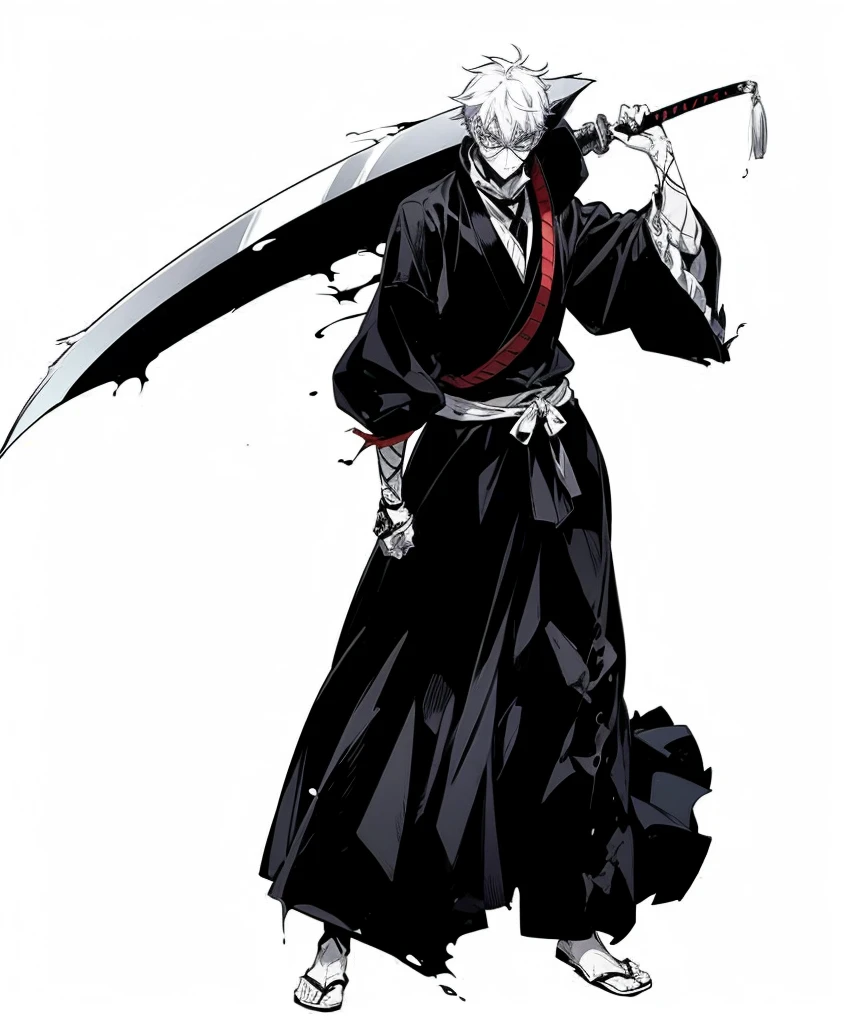 In Yusuke Murata style, rainbow hair, Hold the pose, but draw with flat colors, cel shading, limited color palette and simplified lighting. Draw for me, um shinigami, He wears a white mask with a drawing of a grim reaper, in the middle of his chest there is a hole, your skin is white your clothes are old and torn.