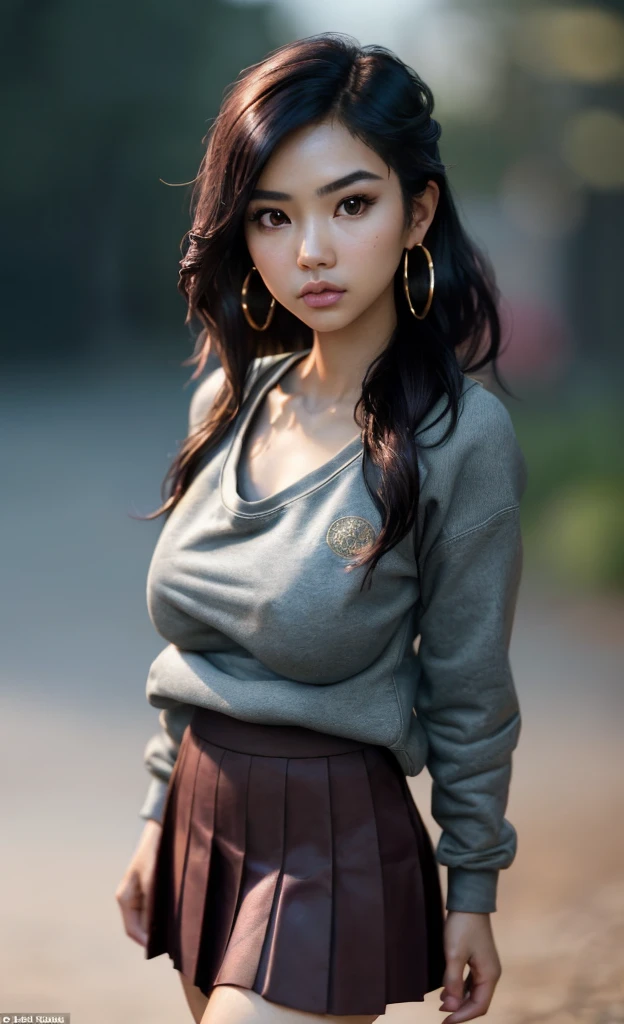 (masterpiece), (extremely intricate:1.3), (realistic), portrait of an Asian girl, small and perfect breasts, the most beautiful in the world, extra breasts, dark eyebrows, wavy pink hair, doe eyes, innocent look, (wearing sweatshirt:1.1), skirt, slim, detailed textures, upper body, classroom, heavy makeup, gold hoop earrings, extra breasts, professional photograph of a stunning woman detailed, looking at the camera, alluring stare, detailed eyes, sharp focus, dramatic, award winning, cinematic lighting, octane render unreal engine, volumetrics dtx, (film grain, blurry background, blurry foreground, bokeh, depth of field, motion blur:1.3)