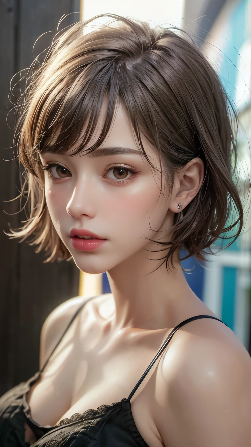 Masterpiece hyperrealist & Photorealistic beautiful girl, Realistic Skin (Pore-filled skin) Short Bob Cut Hair, Realistic red lips,Punk Girl, (head shot:1.5),Shorts