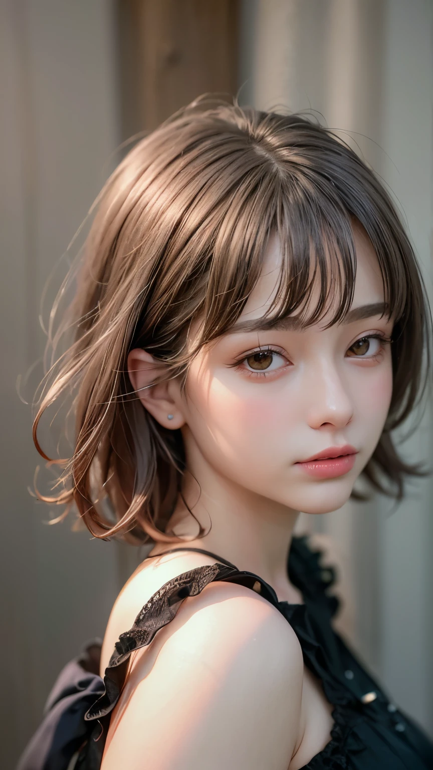 Masterpiece hyperrealist & Photorealistic beautiful girl, Realistic Skin (Pore-filled skin) Short Bob Cut Hair, Realistic red lips,Punk Girl, (head shot:1.5),Shorts