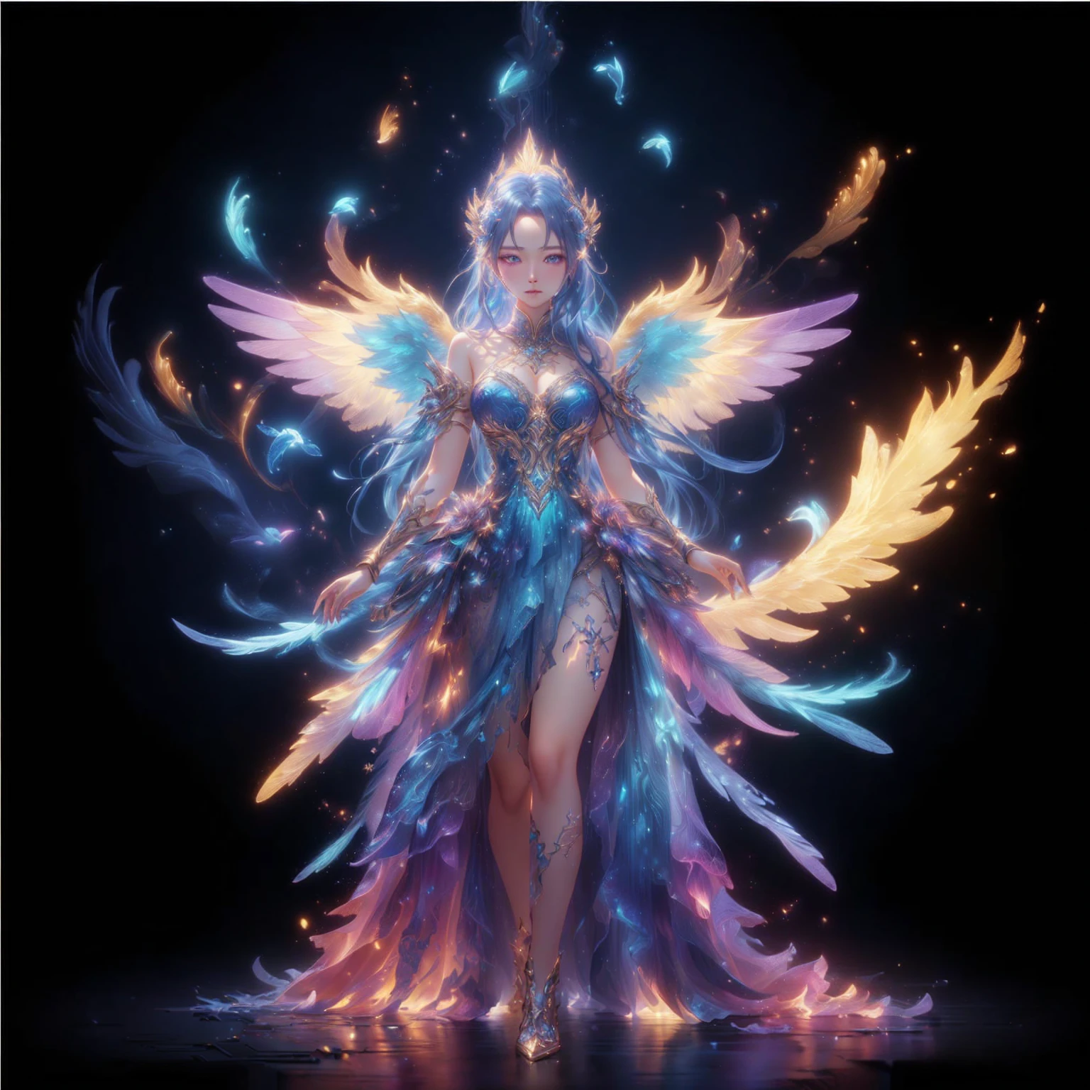 A woman with wings and a body full of gold, Fantasy art style, By Yang J, Ethereal wings, High quality 8K detailed artwork., Like a mysterious Valkyrie, digital fantasy art ), angel on the star, Intricate, elegant cgi anime style., Ethereal fantasy, 2. 5d cgi anime fantasy artwork, Ross Tran 8 g, fantasy anime illustration, Ross Tran and WLOP , blue eyes