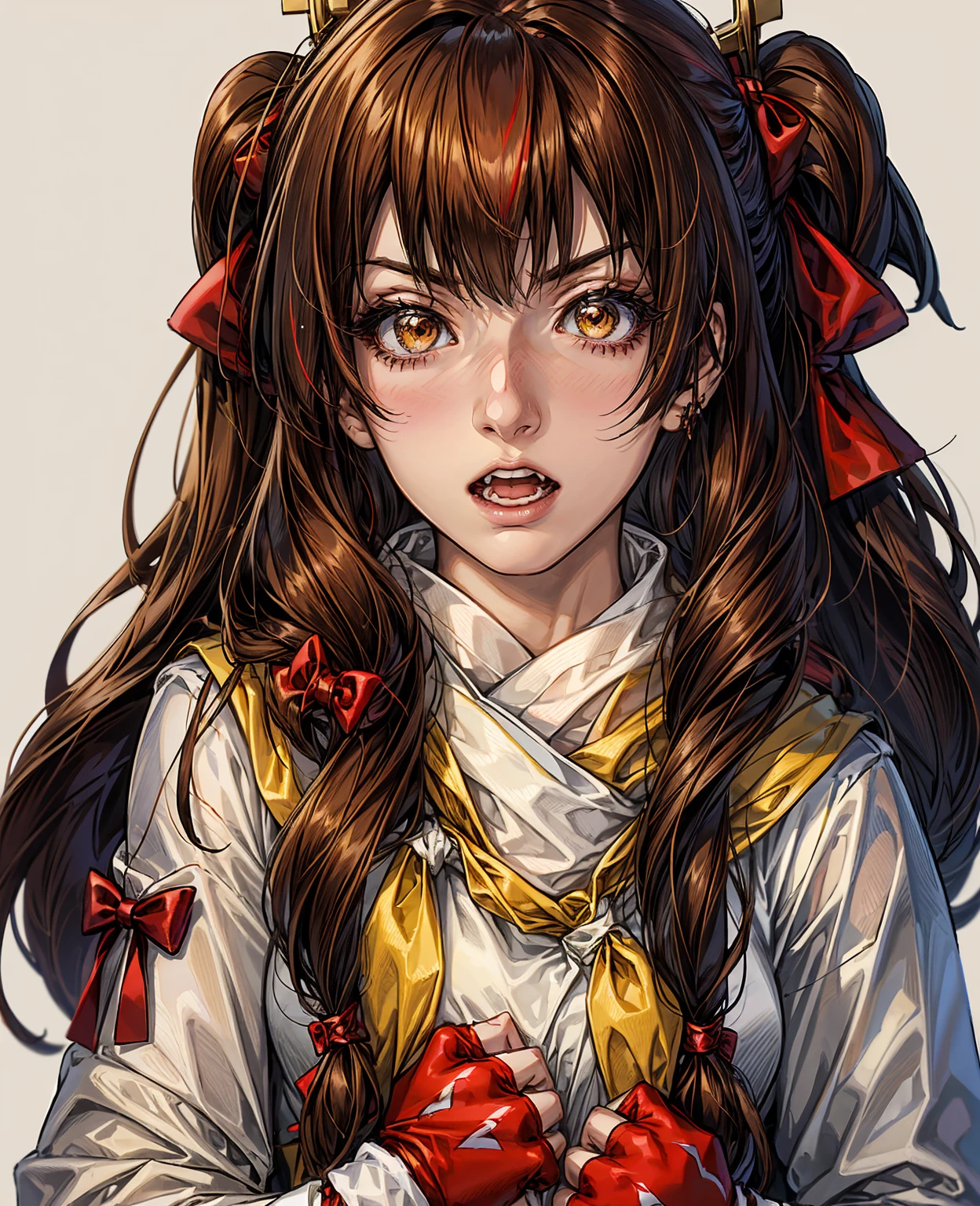 km, 1girl, ascot, blush, bow, brown eyes, brown hair, hair bow, hair tubes, japanese clothes, long hair, mittens, nontraditional miko, one-hour drawing challenge, open mouth, portrait, red bow, red mittens, scarf, sidelocks, simple background, solo, white background, yellow ascot, yellow scarf