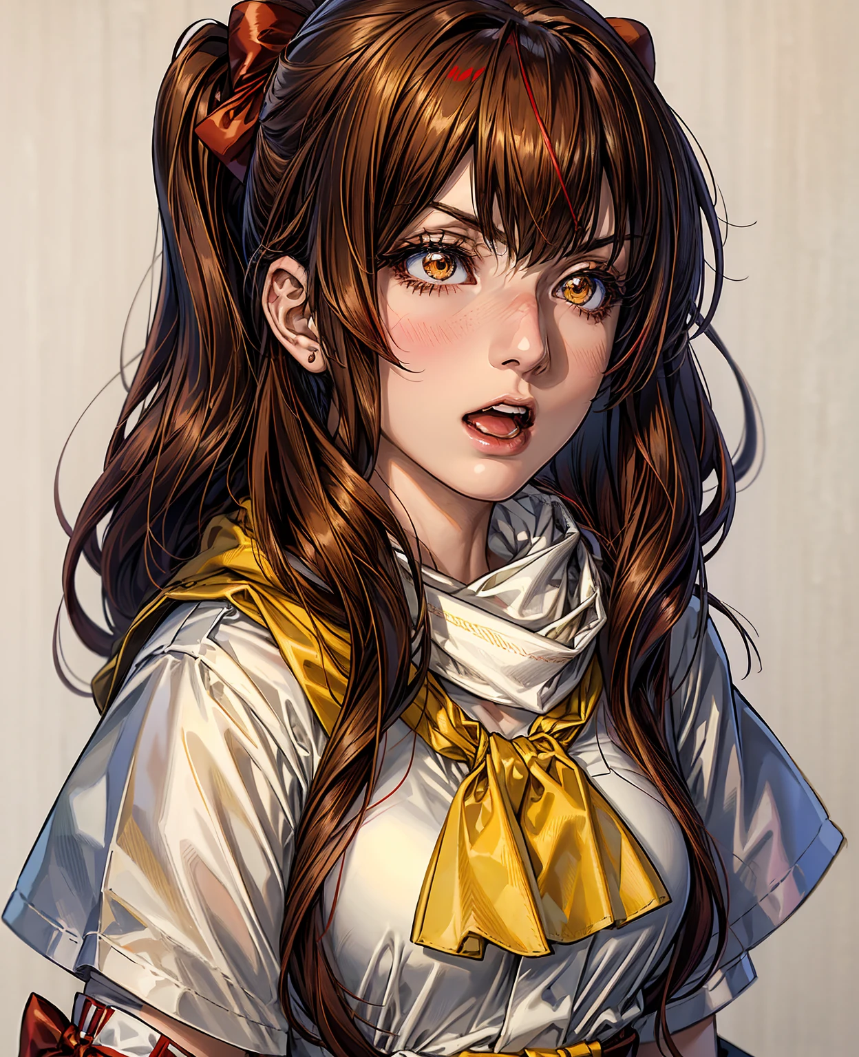 km, 1girl, ascot, blush, bow, brown eyes, brown hair, hair bow, hair tubes, japanese clothes, long hair, mittens, nontraditional miko, one-hour drawing challenge, open mouth, portrait, red bow, red mittens, scarf, sidelocks, simple background, solo, white background, yellow ascot, yellow scarf